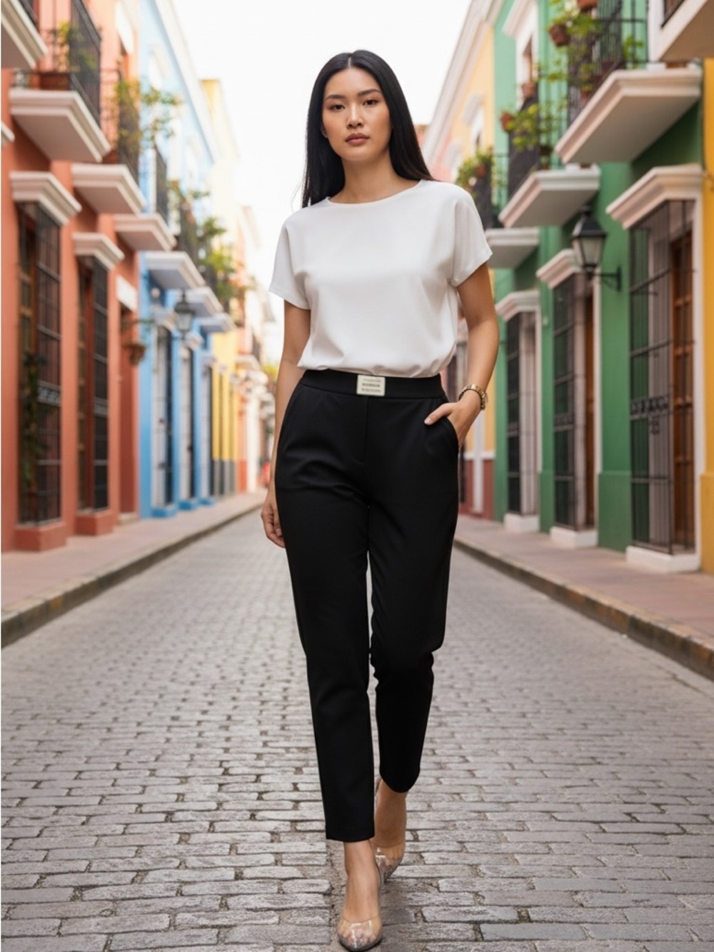 Black Straight-Leg Pull On Elastic Waist Pants